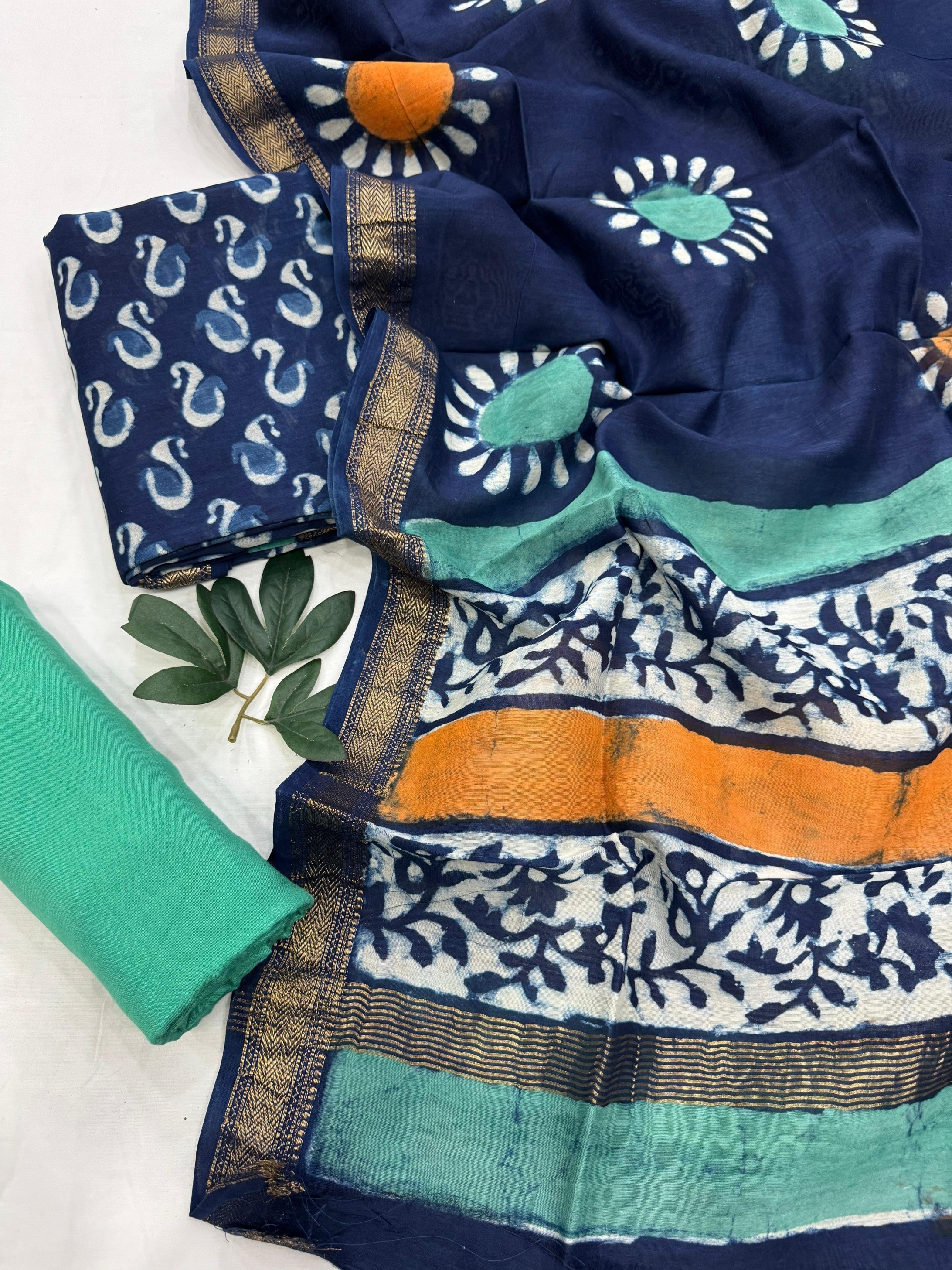 Maheshwari Silk Indigo Paisley Design Dress Material – traditional handloom fabric from India